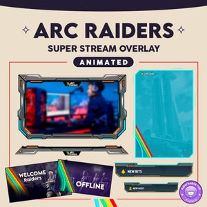 May include: A digital overlay for live streaming, featuring a futuristic design with the text "ARC RAIDERS" and "SUPER STREAM OVERLAY". Includes animated elements, chat boxes, and status bars. The color scheme includes blue, orange, and rainbow accents.