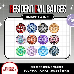 May include: Twelve digital badges featuring the Umbrella Corporation logo in various colors, including red, blue, green, purple, and black. The badges are surrounded by a sparkling effect and have a white background.