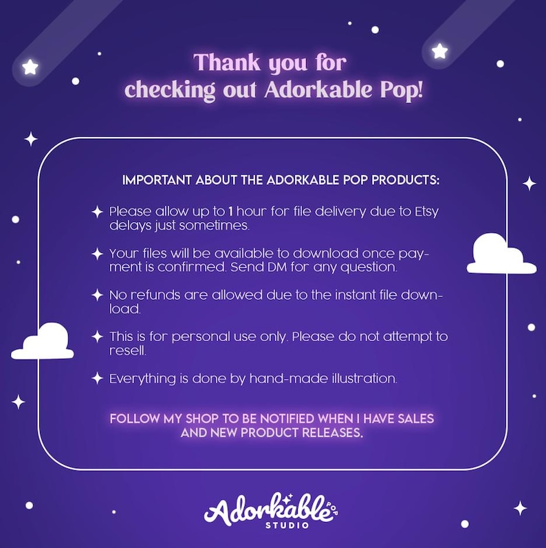 Pode incluir: Um gr&aacute;fico roxo com texto branco que diz "Obrigado por verificar Adorkable Pop!" e "IMPORTANTE SOBRE OS PRODUTOS ADORKABLE POP:" A imagem tamb&eacute;m inclui o logotipo da loja e outros textos.