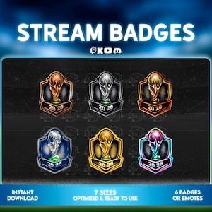 May include: A set of six digital stream badges featuring a trophy icon inside a shield shape with the text 20 26. The badges are rendered in bronze, silver, gold, blue, yellow, and purple metallic finishes with sparkling highlights.