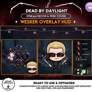 May include: Dead by Daylight stream decor and perk cover featuring a Wesker overlay HUD. The digital asset includes a character graphic, perk icons, and a player list interface. Text includes DEAD BY DAYLIGHT, STREAM DECOR & PERK COVER, WESKER OVERLAY HUD, 7 MINUTES, INSTANT DOWNLOAD, READY TO USE & OPTIMIZED.