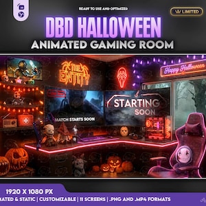 May include: An animated gaming room digital overlay featuring a Halloween theme with Dead by Daylight imagery. The scene includes neon signs reading The Entity and Happy Halloween, two computer monitors displaying Starting Soon, and gaming chair.