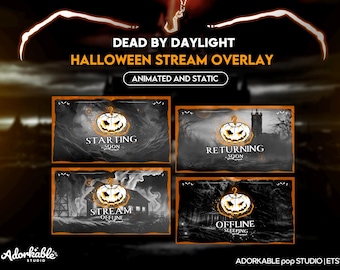 Puede incluir: Cuatro superposiciones de transmisión animadas y estáticas para Dead by Daylight con un tema de Halloween. Las superposiciones presentan una calabaza con una expresión espeluznante y texto que dice "Starting Soon", "Returning Soon", "Stream Offline" y "Offline Sleeping".