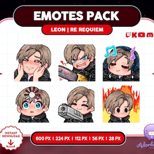 May include: A digital download graphic pack titled "EMOTES PACK" featuring six cartoon emotes of a character named Leon. The emotes display various expressions and actions, including holding a chainsaw and a gun. The pack includes different pixel sizes.