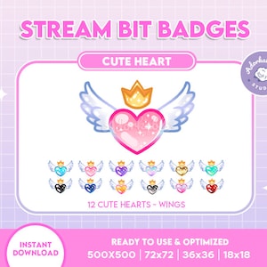 Op de afbeelding: Twaalf variaties van een roze hart met vleugels en een gouden kroon. Het hart is glinsterend en heeft een lichtblauwe omtrek. De vleugels zijn wit met een lichtblauwe omtrek. De kroon is goud met een gele omtrek. De tekst "12 CUTE HEARTS - WINGS" staat onder de harten. De tekst "STREAM BIT BADGES" staat bovenaan de afbeelding. De tekst "CUTE HEART" staat onder de tekst "STREAM BIT BADGES". De tekst "READY TO USE & OPTIMIZED" staat onder de harten. De tekst "500X500 | 72x72 | 36x36 | 18x18" staat onder de tekst "READY TO USE & OPTIMIZED". De tekst "INSTANT DOWNLOAD" staat aan de linkerkant van de afbeelding. De tekst "Adorkablepop STUDIO" staat aan de rechterkant van de afbeelding.