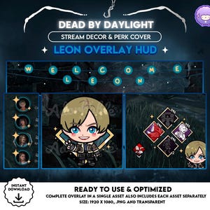 Könnte beinhalten: Digitales Overlay für das Spiel Dead by Daylight, mit einem Cartoon-Charakter und Spielelementen. Das Design enthält den Text "LEON OVERLAY HUD" und "WELCOME". Das Overlay ist einsatzbereit und optimiert.