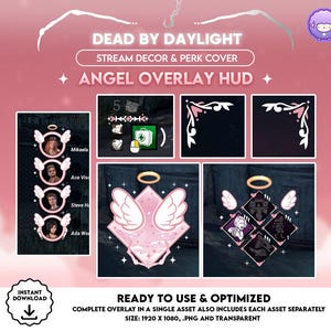 Pode incluir: Design de sobreposição digital rosa e branco para o jogo Dead by Daylight. O design inclui elementos temáticos de anjos, como asas e halos, com o texto "Angel Overlay HUD". A imagem também inclui retratos de personagens e capas de vantagens.