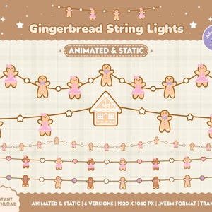 Op de afbeelding: Illustratie van peperkoek lichtslingers met geanimeerde en statische versies. De lichten tonen peperkoekmannen en -vrouwen, sterren en een peperkoekhuis. De tekst "Gingerbread String Lights" staat bovenaan.