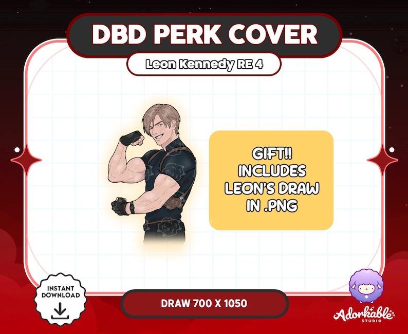 Pode incluir: Ilustra&ccedil;&atilde;o digital de Leon Kennedy de Resident Evil 4, mostrando seus m&uacute;sculos. A imagem inclui o texto "DBD PERK COVER" e "GIFT!! INCLUDES LEON'S DRAW IN .PNG". A obra de arte est&aacute; em um fundo vermelho e branco.