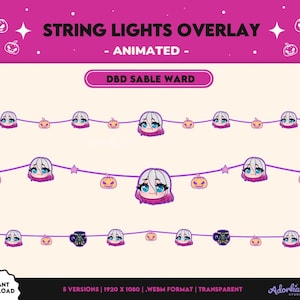 Może przedstawiać: Animowana nakładka na łańcuchy świetlne w fioletowo-różowej tonacji. Projekt zawiera postacie z kreskówek, dynie i gwiazdy. Tekst zawiera "STRING LIGHTS OVERLAY - ANIMATED - DBD SABLE WARD".