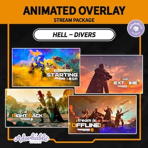 May include: Animated overlay stream package for Hell Divers. The package includes animated screens for "Starting Soon", "Right Back", "Offline", and "Until Next Time". The design features a futuristic, action-packed theme with vibrant colours and dynamic visuals.