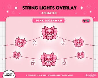 Mothman String Lights Pink | Stream Twitch Overlay Decor | Chibi Moth Halloween Decorations