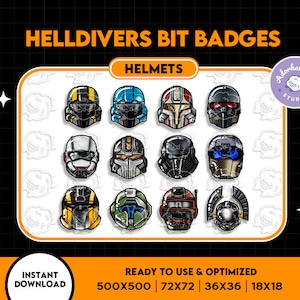 Könnte beinhalten: Ein Satz von 12 digitalen Bit-Abzeichen mit verschiedenen Helmdesigns aus dem Videospiel Helldivers. Die Abzeichen sind in verschiedenen Farben, darunter Blau, Rot, Gelb und Grün. Die Abzeichen sind gebrauchsfertig und für verschiedene Größen optimiert, darunter 500x500, 72x72, 36x36 und 18x18 Pixel.
