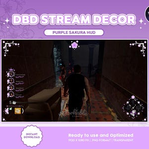 Pode incluir: Sobreposição de streaming de Dead by Daylight com tema de flores de cerejeira roxa e branca. A sobreposição inclui uma lista de jogadores, um cronômetro e uma imagem de fundo de um corredor escuro. O texto "DBD STREAM DECOR" e "PURPLE SAKURA HUD" é exibido na parte superior da sobreposição.