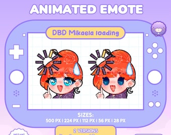 May include: Animated emote featuring a cartoon character with red hair, blue eyes, and a worried expression. The character is pointing with one finger, with a loading symbol above their head. The image includes the text "DBD Mikaela loading" and "2 VERSIONS".