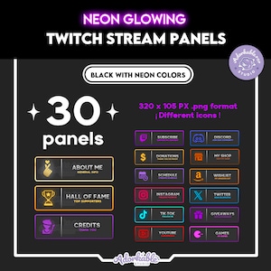 Peut inclure: Graphique noir avec des panneaux de flux Twitch aux couleurs néon. La conception comprend 30 panneaux avec des icônes pour s'abonner, discord, dons, ma boutique, calendrier, liste de souhaits, Instagram, Twitter, TikTok, YouTube, cadeaux et jeux. Le texte dit "Neon Glowing Twitch Stream Panels."