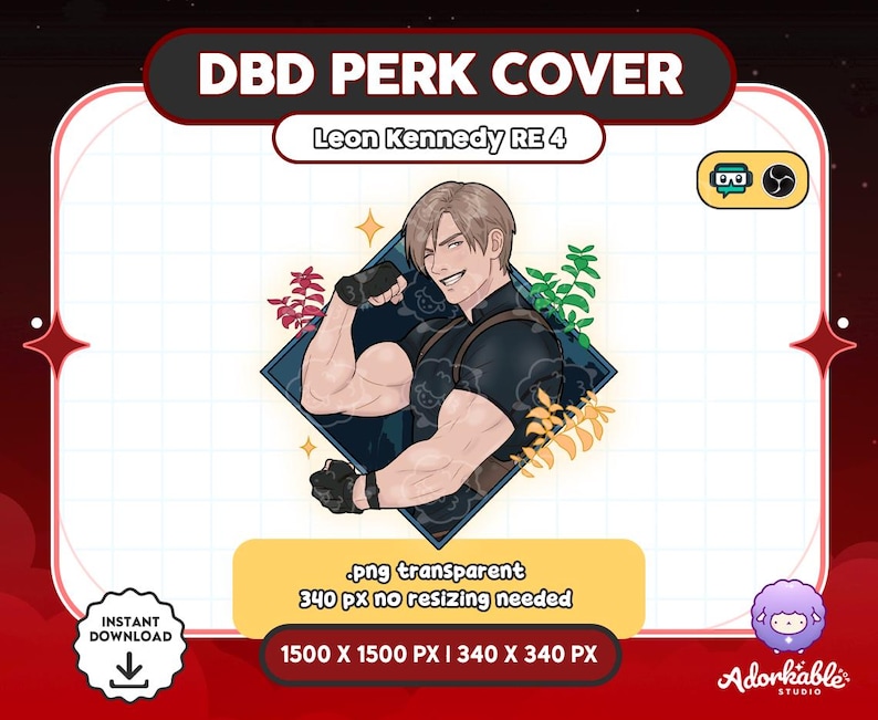 Pode incluir: Gr&aacute;fico digital com Leon Kennedy de Resident Evil 4, flexionando o bra&ccedil;o. A imagem &eacute; definida contra um fundo azul em forma de diamante com detalhes florais. O texto inclui "DBD PERK COVER" e "Leon Kennedy RE 4".
