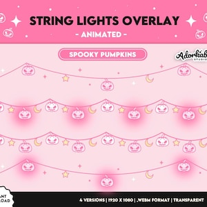 Puede incluir: Superposición de luces de cadena animadas con un tema de calabaza espeluznante. Las luces están enhebradas juntas con un fondo rosa y presentan un patrón repetitivo de calabazas, estrellas y medias lunas.