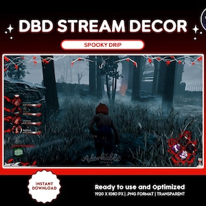 Può includere: Una sovrapposizione digitale per lo streaming di Dead by Daylight, con una scena di foresta inquietante con un assassino e dei sopravvissuti. La sovrapposizione è in formato PNG e ha una dimensione di 1920 x 1080 pixel. Il testo "Spooky Drip" è nella parte superiore della sovrapposizione.