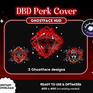 May include: Three digital designs featuring Ghostface from the Scream franchise. The designs are in a red, black, and white color scheme and are ready to use as a perk cover for the Dead by Daylight video game.