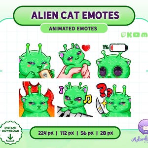 Puede incluir: Un conjunto de seis emoticonos digitales animados con un personaje de gato alienígena verde. Los emoticonos muestran al gato bebiendo, siendo sostenido, con un icono de batería baja, rodeado de llamas, tocando el piano y con un cuchillo.