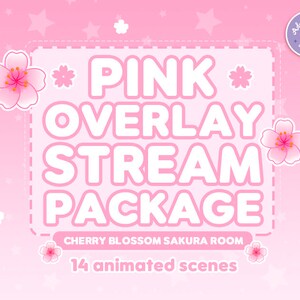 Könnte beinhalten: Pinkes Overlay-Stream-Paket mit 14 animierten Szenen. Das Design zeigt Kirschblüten und einen rosa Hintergrund mit weißen Sternen.