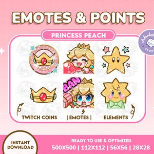 Puede incluir: Un conjunto de ilustraciones digitales con la Princesa Peach de la franquicia Super Mario. El conjunto incluye una corona, una estrella y dos emotes diferentes de la Princesa Peach. Las ilustraciones son de estilo de dibujos animados y son adecuadas para usar como emotes de Twitch u otras plataformas en línea.