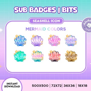 8x Sea Shell Twitch Sub Badges | Bit Badges | Emote | Coin Points | Mermaid Colors | Kawaii | Streamer | Youtube | Discord