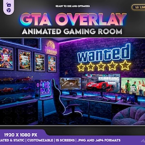 Puede incluir: Una superposición digital para sala de juegos con un letrero de neón azul que dice wanted y cinco estrellas amarillas sobre un escritorio. La escena incluye tres pósteres enmarcados, una torre de computadora iluminada, una silla y tres monitores.