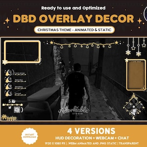 Op de afbeelding: Een kerstthema-overlay voor de Dead by Daylight-videogame. De overlay heeft een gouden frame met een zwarte achtergrond, een live chat-venster en een webcamframe. De overlay bevat ook geanimeerde en statische elementen, zoals sneeuwvlokken, sterren en kerstverlichting.