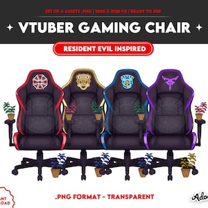 Könnte beinhalten: Vier schwarze VTuber-Gaming-Stühle mit von Resident Evil inspirierten Designs. Jeder Stuhl hat eine andere farbige Verkleidung und ein Logo, darunter Rot, Gold, Blau und Lila. Das Bild enthält den Text "VTUBER GAMING CHAIR" und ".PNG FORMAT - TRANSPARENT."