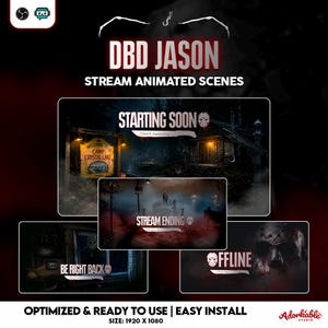 Może przedstawiać: Obraz promocyjny dla animowanych scen strumienia "DBD Jason". Obraz zawiera różne sceny z nakładkami tekstowymi, takimi jak "Starting Soon", "Stream Ending", "Be Right Back" i "Offline". Sceny mają motyw horroru, z chatą i znakiem "Welcome to Camp Crystal Lake".