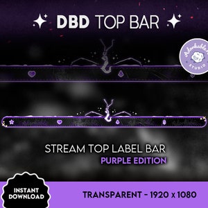 May include: Purple and white stream top bar with a stylized purple creature design and the text "DBD TOP BAR" and "STREAM TOP LABEL BAR PURPLE EDITION". The bar is 1920 x 1080 pixels and is transparent.
