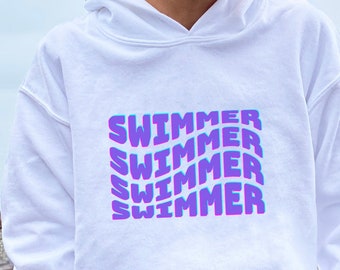 Swimmer hoodie in wavy blue,  swim hoodie for kids, swim team hoodie, swimming hoodie in wavy blue letters, hoodie for swimmers