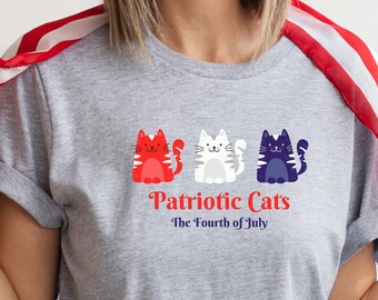 patriotic cat shirt, red, white, and blue cat t-shirt, 4th of July shirt for cat lady, independence day tee, kitty tee