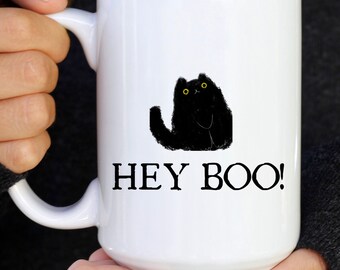 Black Cat Halloween cat Mug, Hey Boo! Black Cat Mug, Black Cat Halloween15oz Mug, Cute black cat quote mug, Cat mug, 15oz Halloween cat mug