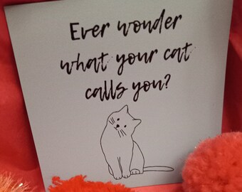 May include: A light blue card with the text "Ever wonder what your cat calls you?" and a black and white illustration of a cat sitting and looking to the left.