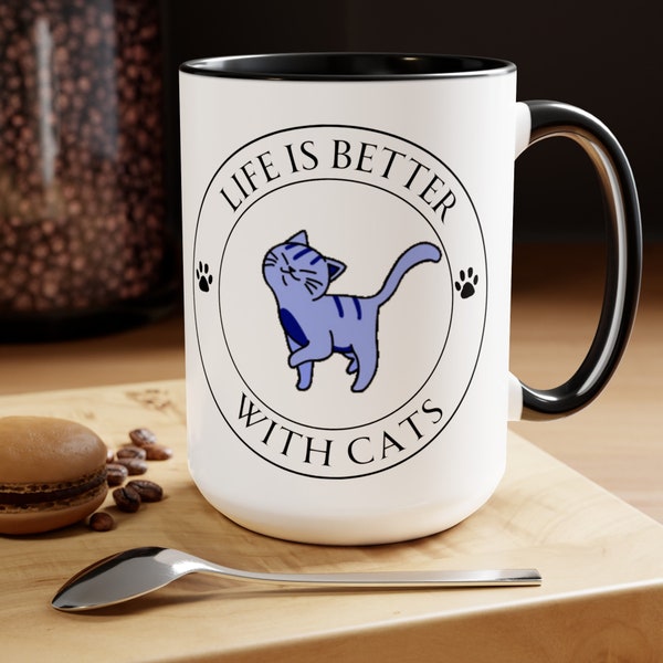 Life is better with cats with blue-striped tabby cat Mug,  Cat lover mug, Mug for cat mom Two-Tone Coffee Mugs, 15oz