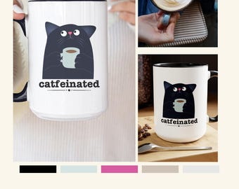 Catfeinated black cat coffee mug, Funny cat coffee mug, black cat mug, cat mom gift,