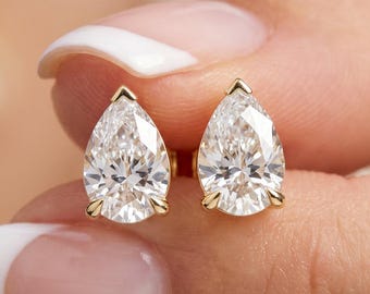 Pear Diamond Earring, Lab Grown Diamond Stud Earring, 1Ct Solitaire Earring, 14K Gold Earring, Gold Stud Earring, Earring For Women, Gift