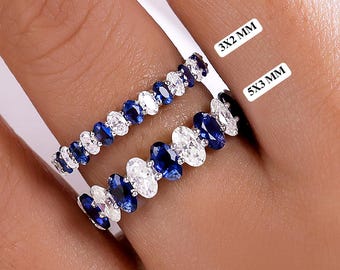 Oval Blue Sapphire and Diamond Half Eternity Band: Alternating Eternity Ring, Gold Wedding Bands