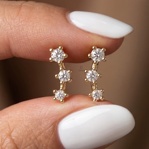 Ear Climber Earrings, Diamond Stud Earring, Round Diamond Earring, Tiny Diamond Earring, Statement Earring, Dainty Earring, Gift For Her