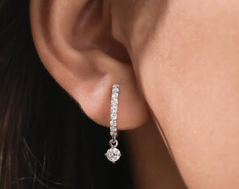 Dangle Earring Lab Grown Diamond Earring, Small Hoop Earring, Gold Huggie Earring, Diamond Earring For Women, Round Diamond Earring Mom Gift