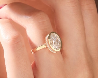 Oval Lab Grown Diamond Ring, Oval Diamond Engagement Ring with Hidden Halo, 14K Gold Rings For Women, Proposal Ring, Anniversary Gift