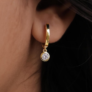 Round Cut Diamond Hoop Earring, Dangle Earring, Droplet Earring, Bezel Set Diamond Earring For Women, Gold Hoop Earring, Huggie Hoop Earring