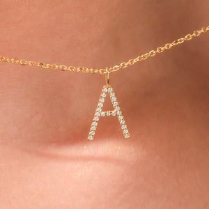 Diamond Initial Necklace in 14K Gold, Dainty Diamond Letter Pendant, Personalized Gift for Her