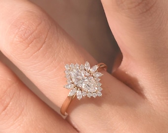 Lab Grown Diamond Engagement Ring Diamond Rings for Women Marquise Engagement Ring 14K Gold Solitaire Ring Flower Inspired Anniversary Gift