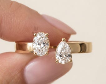 Toi Et Moi Ring for Women, Lab Grown Diamond Ring, Oval and Pear Engagement Ring, 14K Gold Two Stone Ring, Bridal Ring, Anniversary Ring