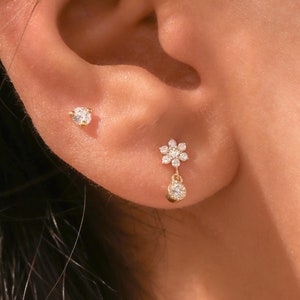 Flower Drop Earrings, Round Cut Diamond Stud Earrings, Diamond Earring Studs, Round Diamond Studs, Small Diamond Earrings, Anniversary Gift