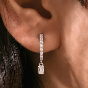 Emerald Drop Earring, Lab Grown Diamond Earring Hoop Dangle Earring, Earrings For Women, Statement Earring, Huggie Hoop Earring Mom Gifts